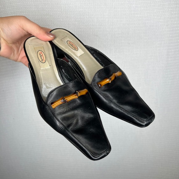 Talbots Shoes - Talbots Leather Vintage Mules Size 6.5 Black Bamboo Detail Heel Square Toe Shoes